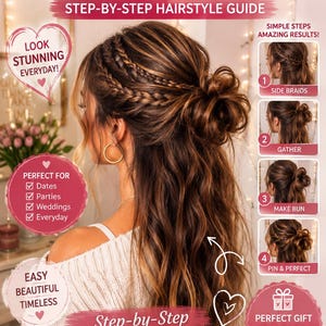 Może przedstawiać: Przewodnik krok po kroku po fryzurach zatytułowany BRAIDED HALF-UP MESSY BUN, przedstawiający osobę z długimi brązowymi włosami ułożonymi w dwa boczne warkocze zebrane w niechlujny kok, z czterema ponumerowanymi zdjęciami instruktażowymi.