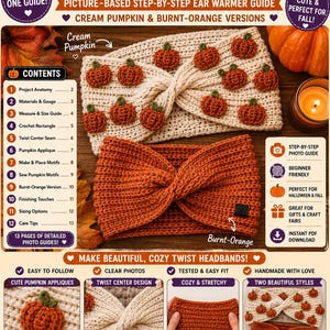 May include: A digital PDF pattern guide for Pumpkin Twist crochet headbands, featuring a cream headband with orange pumpkin appliques and a solid burnt-orange headband. The guide includes thirteen pages of step-by-step photo instructions.