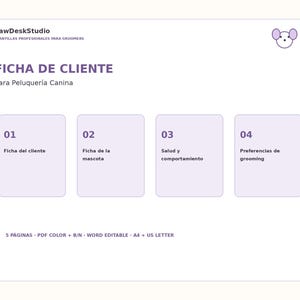 Puede incluir: Una plantilla digital blanca para peluquería canina titulada FICHA DE CLIENTE para Peluquería Canina. Incluye un icono de ratón y cuatro secciones numeradas: 01 Ficha del cliente, 02 Ficha de la mascota, 03 Salud y comportamiento, 04 Preferencias de grooming.