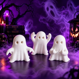Ghost Figurines Set of 3, Cute Halloween Decor, 2.7-Inch White Ghosts for Shelf and Mantel, 3D Printed Spooky Season Decor