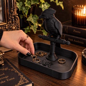 Raven Jewelry Holder & Catchall Tray, Gothic Decor, Dark Academia Room Decor, Black Raven 3D Printed Organizer