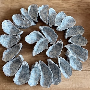 May include: A collection of twenty-one oyster shells arranged in a circular pattern. Each shell features a light blue and white interior decorated with a repeating botanical leaf pattern, while the exterior edges are finished with a metallic silver trim.