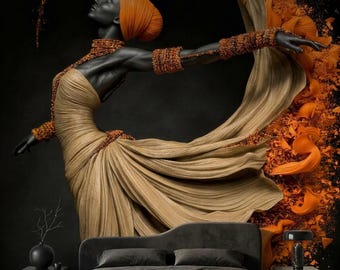 Afrocentric Black Woman Orange Art Wall Mural, Modern African Cultural Decor, Ethnic Aesthetic Wallpaper, Statement Bedroom Art