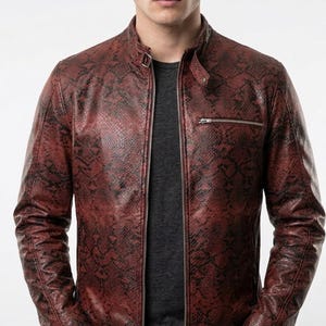 Red Python Print Leather Jacket, Stand Collar Moto Cafe Racer Coat