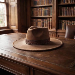 Può includere: Un cappello in feltro color marrone chiaro con tesa larga e corona pizzicata, caratterizzato da una fascia in pelle marrone scuro attorno alla base, decorata con un motivo floreale in rilievo. Il cappello è posizionato su una superficie in legno.