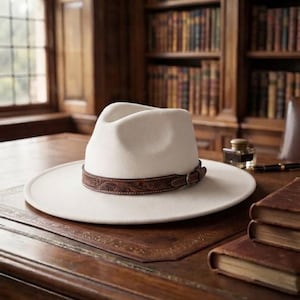 Puede incluir: Un sombrero fedora de fieltro blanco con ala ancha y una banda de cuero marrón con un intrincado patrón floral en relieve y un pequeño cierre de hebilla metálica. El sombrero tiene una corona pellizcada y un acabado blanco liso.