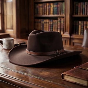 Può includere: Un cappello in feltro marrone scuro con tesa larga e corona pizzicata. Il cappello presenta una sottile fascia in pelle marrone liscia che circonda la base della corona, fissata con una piccola fibbia metallica sul lato, creando un aspetto strutturato.