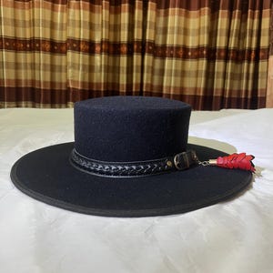 Black Wool Felt Wide Brim Fedora | Leather Band, Tassel, Western Style