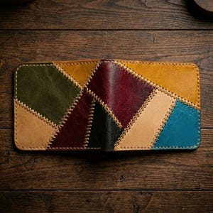Puede incluir: Una cartera plegable construida con múltiples parches de cuero en varios colores, incluyendo verde oliva, amarillo mostaza, rojo oscuro, negro, beige y azul brillante. Las piezas de cuero están unidas con costuras visibles de color claro.