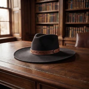 Può includere: Un cappello fedora grigio antracite scuro con tesa larga e una fascia in pelle color cuoio attorno alla corona. La fascia in pelle è decorata con un motivo floreale in rilievo e presenta un dettaglio in pelle liscia sul lato del cappello.
