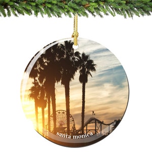 Santa Monica Christmas Ornament of California in Porcelain, Double Sided 2.75 Inches