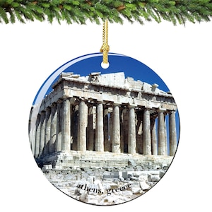 Acropolis Christmas Ornament of Athens Greece in Porcelain, Double Sided 2.75 Inches