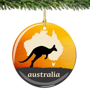 Ornement de Noël de l’Australie en porcelaine 2,75 pouces Double face ornement de Noël australien avec kangourou, Outback et carte du pays