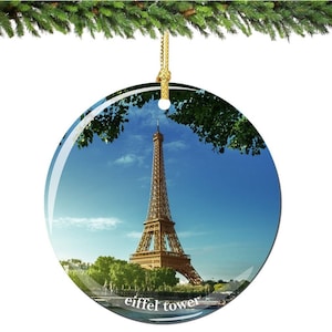 Paris Eiffel Tower Christmas Ornament with River Seine, Porcelain 2.75 Inch Paris Christmas Ornaments