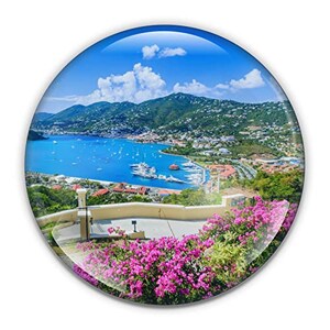 May include: A panoramic view of a tropical island with a harbor filled with boats. The scene is viewed from a hilltop with a lush green hillside and pink flowers in the foreground.