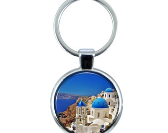 Llavero Santorini Grecia con cúpula epoxi y llavero de metal