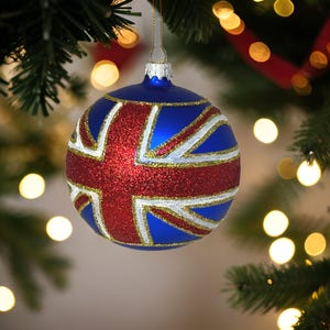 London Christmas Ornament Glass Ball Union Jack Flag 4 Inch Ball Made in Europe