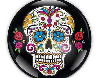 May include: A white sugar skull with colorful floral designs and blue eyes. The skull is on a black background.