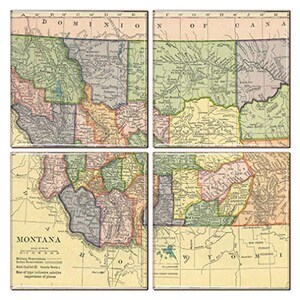 Puede incluir: Un mapa vintage de Montana dividido en cuatro secciones, cada una con un esquema de color diferente. El mapa muestra las principales ciudades, ríos y montañas del estado. El título "MONTANA" está impreso en negrita en la esquina inferior izquierda. El mapa también incluye una clave con información sobre la historia y la geografía del estado.