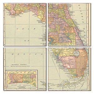 Onderzetter Florida met vintage kaart (set van 4)