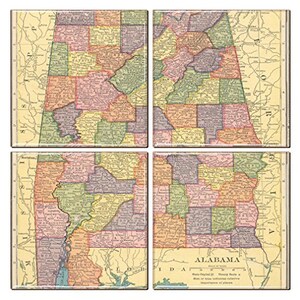 Dessous de verre de l'Alabama en forme de carte vintage (lot de 4)