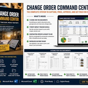 May include: A Change Order Command Center product display featuring a box set, a laptop showing a profit tracker spreadsheet, and a list of 14 included documents. The text highlights features for contractors to capture, price, and approve project changes.