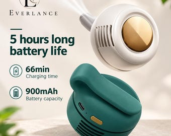 May include: A white and dark green portable fan with a gold center button. Text reads: Everlance, 5 hours long battery life, 66min Charging time, 900mAh Battery capacity. The device features a curved handle, a USB-C charging port, and side vents.