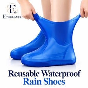 May include: Bright blue, flexible, reusable waterproof rain shoe covers made of silicone. The product features the Everlance logo and the text Reusable Waterproof Rain Shoes. These slip-on covers are designed to protect footwear from rain.