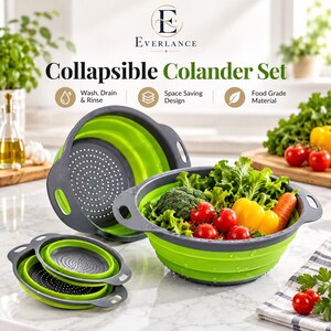 May include: A set of collapsible colanders in bright lime green and dark grey. The set includes one large colander filled with fresh vegetables and two smaller, folded colanders. The text Everlance Collapsible Colander Set is visible.