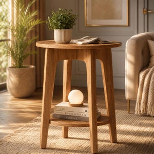 May include: A round wooden side table with three legs and a lower shelf. The top holds a potted green plant and an open book. The lower shelf features a glowing spherical lamp resting on a stack of three books labeled at 100, Live Beautifully, and Kinfolk.