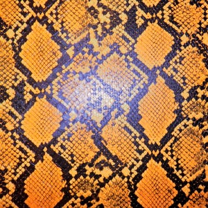 May include: A textured surface featuring a repeating diamond-shaped pattern in vibrant orange and deep black. The design mimics the appearance of snake skin with small, scale-like details arranged in a geometric grid across the entire surface.