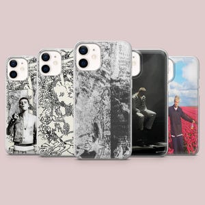 May include: Five smartphone cases featuring distinct designs: a person in a denim jacket, an abstract black and white graphic pattern, a textured monochrome collage, a person sitting in a dark space, and a person standing in a field of pink tulips.