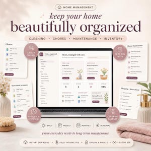 May include: A digital home management planner displayed on a laptop screen, surrounded by floating cards for chores, household inventory, home maintenance, and shopping lists. The interface features sections for daily plans, weekly focus, and maintenance due dates.