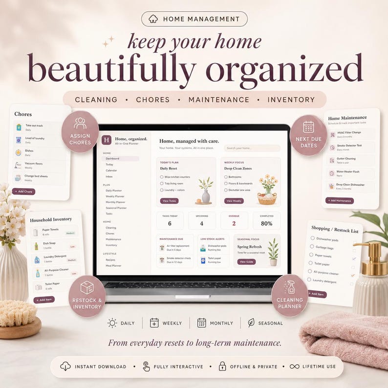 May include: A digital home management planner displayed on a laptop screen, surrounded by floating cards for chores, household inventory, home maintenance, and shopping lists. The interface features sections for daily plans, weekly focus, and maintenance due dates.