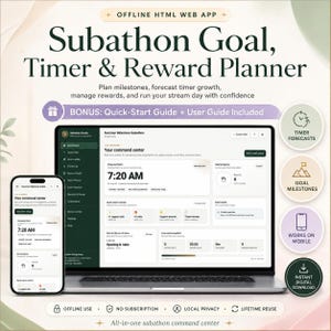 Könnte beinhalten: Eine Offline-HTML-Web-App für Subathon-Ziele, Timer und Belohnungsplanung, dargestellt auf einem Laptop- und Smartphone-Bildschirm. Die Benutzeroberfläche zeigt ein Kontrollzentrum mit voraussichtlichen Endzeiten, Fortschritt und Steuerelementen.