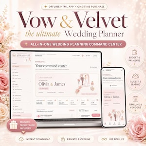 May include: A digital wedding planner app titled Vow & Velvet displayed on a laptop and smartphone. The interface features a dashboard with budget, guest, and timeline tracking. Text includes Vow & Velvet, The Wedding of Olivia & James.