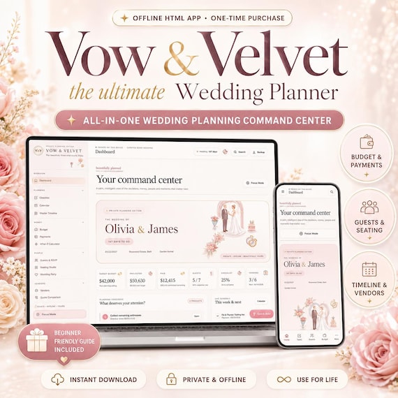 Wedding Planner Web App, HTML Planner, Wedding Checklist, Wedding Timeline, Guest RSVP & Seating, Budget, Vendor Dashboard, Offline Planner