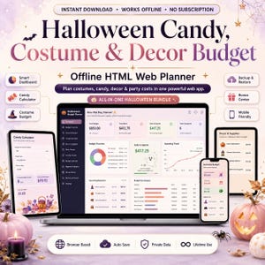 May include: A digital Halloween budget planner displayed on a laptop and mobile devices. The interface features charts, expense trackers, and categories for candy, costumes, and decor. Text includes "Halloween Candy, Costume & Decor Budget" and "Offline HTML Web Planner" with icons for a dashboard, candy calculator, and costume budget.