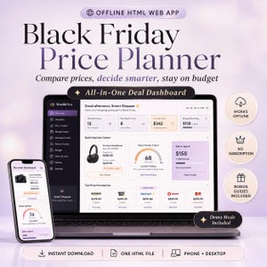 May include: A Black Friday Price Planner offline HTML web app displayed on a laptop and smartphone. The interface features a WealthOra dashboard with price tracking, budget management, and deal comparisons. Includes icons for offline use.