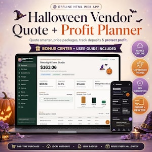 May include: A digital Halloween Vendor Quote and Profit Planner web app displayed on a laptop and smartphone screen. The interface shows financial dashboards, revenue, profit margins, and event tracking. The design features purple and orange accents.