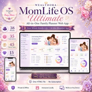 May include: A digital family planner web app titled Wealthora MomLife OS Ultimate displayed on a laptop, tablet, and smartphone. The interface features a dashboard with modules, automations, bonus packs, and themes, set against a floral background.