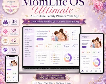 HTML Planner for Busy Moms, Family Command Center, Meal And Home Organizer, Interactive Offline Web App with 45 Bonus Packs & Themes