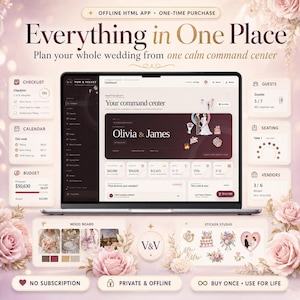 K&ouml;nnte beinhalten: Ein Laptop zeigt das Dashboard der Hochzeitsplanungs-App Vow & Velvet mit Bereichen f&uuml;r Checkliste, Kalender, Budget, G&auml;ste, Sitzordnung und Dienstleister. Die Benutzeroberfl&auml;che umfasst ein Kommandozentrum f&uuml;r Olivia & James.