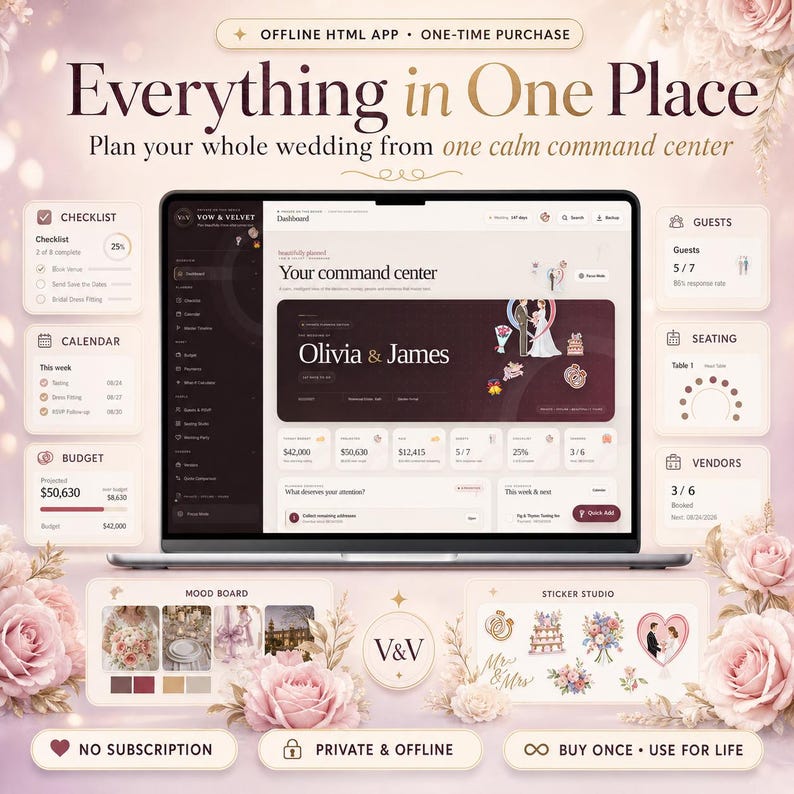 K&ouml;nnte beinhalten: Ein Laptop zeigt das Dashboard der Hochzeitsplanungs-App Vow & Velvet mit Bereichen f&uuml;r Checkliste, Kalender, Budget, G&auml;ste, Sitzordnung und Dienstleister. Die Benutzeroberfl&auml;che umfasst ein Kommandozentrum f&uuml;r Olivia & James.