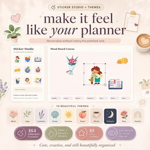 May include: A digital interface for a sticker studio and planner application featuring the text make it feel like your planner. The layout includes a sticker selection panel, a mood board canvas with cartoon illustrations, and ten theme options.