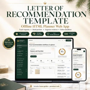 Pode incluir: Um modelo digital de carta de recomendação exibido na tela de um laptop e de um smartphone. A interface apresenta um painel em verde escuro e branco para rastrear solicitações, criar pacotes e organizar evidências de fluxos de trabalho.