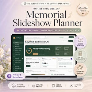以下が含まれることがあります： ノートパソコンの画面に表示された「Memorial Slideshow Planner」というオフラインHTMLウェブアプリ。インターフェースには、エヴリン・ハートの「Celebration of Life」プロジェクトのダッシュボードが表示され、進捗状況やメディア管理、実行時間などの指標が確認できます。