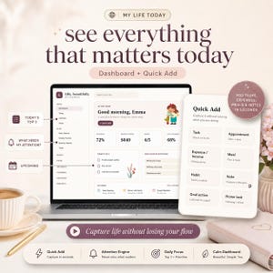 May include: A digital planner interface displayed on a laptop screen and a separate Quick Add window. The dashboard features sections for Today's Top 3, What Needs My Attention, and Upcoming tasks. Text includes My Life Today, Life, beautifully, and Quick Add.