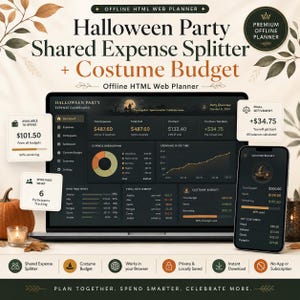 Peut inclure: Un planificateur web HTML hors ligne pour les dépenses de fête d'Halloween et les budgets de costumes affiché sur un écran d'ordinateur portable et de smartphone. L'interface présente des tableaux de bord sombres avec des graphiques et des calculs.