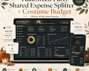 Expense Tracker for Halloween Party, Shared Cost Splitter, Costume Budget, Offline HTML Web Planner with Final Settlement Dashboard